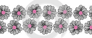 Line Art doodle flower seamless vector border. Repeating floral pattern black white pink. Use for fabric trim, ribbons, card,