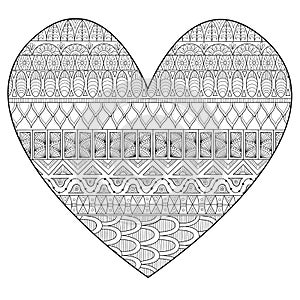 Line art drawing in hearted shape for print and adult coloring page. Vector illustration