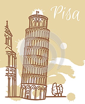 Line art drawing of The Leaning Tower of Pisa, Italy, architecture tourism landmark, travel destination illustration