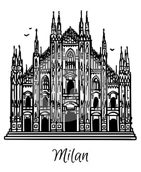 Line art drawing of the Milan cathedral, Italy, architecture tourism landmark, travel destination illustration