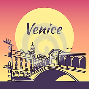 Line art drawing of Rialto Bridge in Venice, Italy, architecture tourism landmark, travel destination illustration