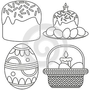 Line art easter candle egg basket cake icon set.