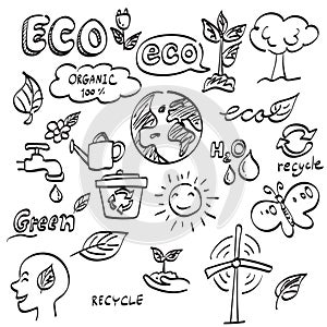 Line art ecology icon set illustration vector hand drawn isolated on white background