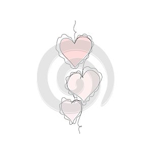 Line art editable composition with marvellous soft pink hearts isolated on white background. Nursery, wedding, romantic template