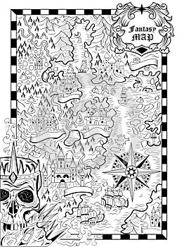 Line art fantasy map with unknown land, ships, skull, compass and creatures for coloring page.