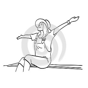 Line art farmer girl sitting with arm spread illustration vector hand drawn isolated on white background