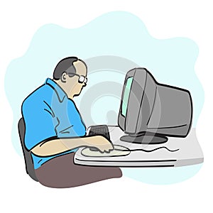 line art fat businessman working on old computer illustration vector hand drawn isolated on white background
