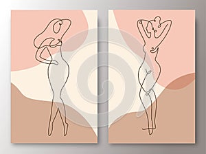 Line art. The female body. Elegant nude figure, art poster. Set of stylish sketches of a naked woman