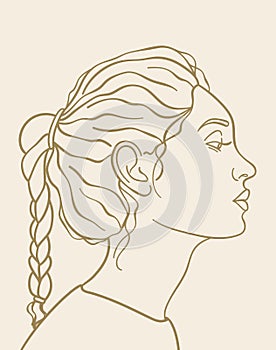 Line art female portrait vector illustration, woman profile drawing hair in a braid