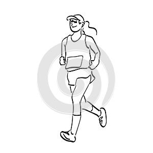 Line art female sportswoman running in marathon illustration vector hand drawn isolated on white background