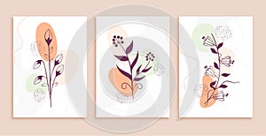 Line art flowers and leaves abstract background set