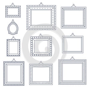 Line Art Frame Photo Picture Painting Decoration Drawing Symbol Template Icon Set on Stylish Black Background Retro