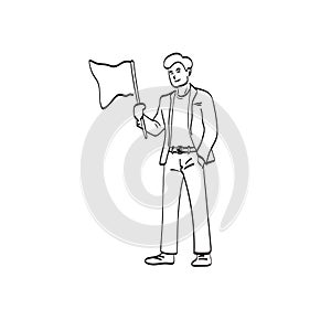 Line art full length businessman standing with flag in hand illustration vector hand drawn isolated on white background