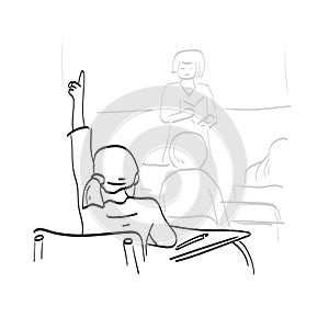Line art girl raising hand in elementary school class illustration vector isolated on white background