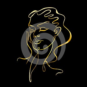 Line art. The girl's face is drawn with one line. Cosmetology logo. Beauty salon.Gold on black. Vector