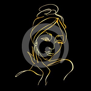 Line art. The girl's face is drawn with one line. Cosmetology logo. Beauty salon.Gold on black. Vector