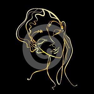 Line art. The girl's face is drawn with one line. Cosmetology logo. Beauty salon.Gold on black. Vector