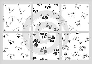 Line art graphic black and white animals head seamless pattern collection on white, cute bunny fashion print, wrapping