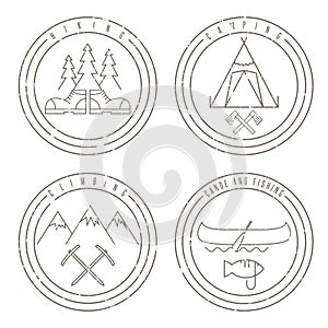 Line art grunge labels with canoe,camping,climbing