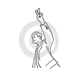 Line art half length businessman showing victory sign over his head illustration vector hand drawn isolated on white background