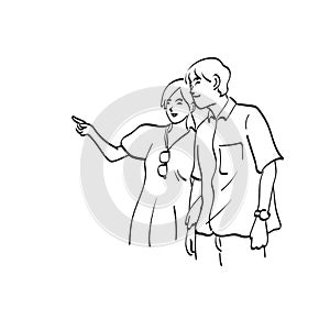 Line art half length portrait of young couple pointing on blank space illustration vector hand drawn isolated on white background