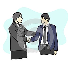 line art half length two businessmen making handshake illustration vector hand drawn isolated on white background