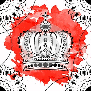 Line art hand drawing black crown isolated on white background with red watercolor blots. Dudling style. Tatoo. Zenart