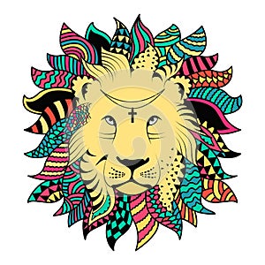 Line art hand drawing black lion isolated on white background painted multicolored with a black outline. Doodle style