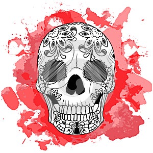 Line art hand drawing black skull isolated on white background with red watercolor blots. Doodle style. Tatoo. Zenart