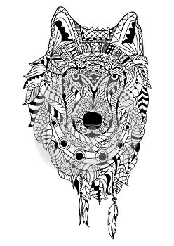 Linka umenie ruka kreslenie čierny vlk izolované na bielom pozadí. štýl. tetovanie.. sfarbenie dospelí 