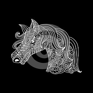 Line art hand drawing head of horse.