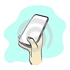 line art hand holding smartphone with empty screen illustration vector hand drawn isolated on white background