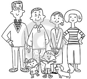 Line art of a happy three-generation family centered on seniors