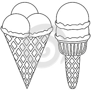 Line art ice cream 2 3 ball cone black and white icon set.