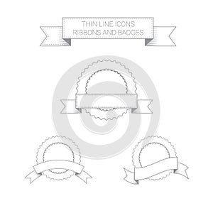 Line art icon vintage badges with ribbons. Outline