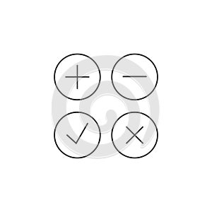 Line art icons for adding and subtracting, accepting and rejecting in a round frame