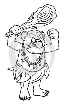 Line art illustration of angry fantasy ogre with a stick club in cartoon style. Image for kids and children coloring book or page.