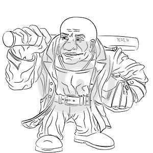 Line art illustration of bald bouncer in leather coat with bat.