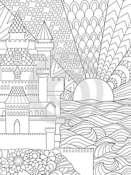 Line art illustration of beautiful castle and sunset in background for design element and adult coloring book for anti stress. Sto