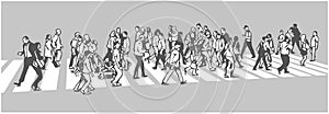 Line art illustration of busy street crossing in black and white