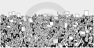 Line art illustration of crowd protest with blank signs