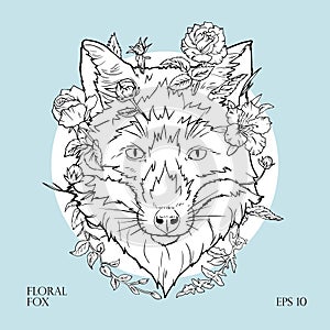 Line art illustration of fox with blooming flowers