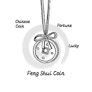 Line art illustration of hand drawn chinese lucky coin amulet.