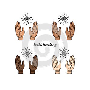 Line art illustration of hand drawn female hands with light rays. Lettering text Reiki healing