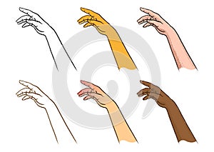 Line art illustration of hand drawn female hands set. Defferent skin tones. Isolated on white background