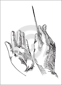 Human hand holding conductor`s baton photo