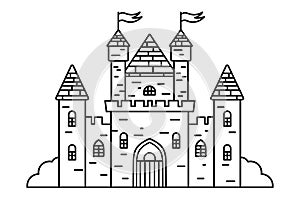 Line art illustration of medieval castle with towers and flags, black and white coloring page, fairy tale architecture