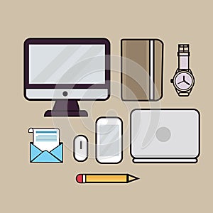 Line art illustration outline icon of laptop screen monitor book watches pencil email