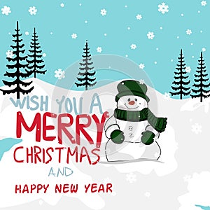 line art, illustration, simple vector of a snowman happy merry christmas. snowflakes, text merry christmas and happy new year.