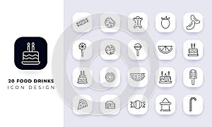 Line art incomplete food drinks icon pack